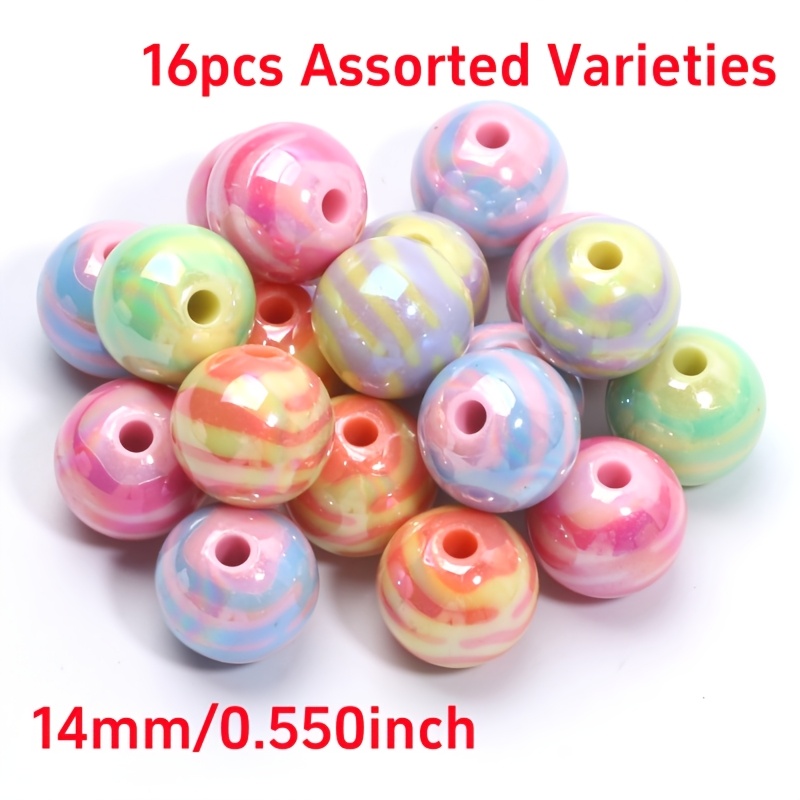 E-shop 16 zufällig gemischte farbige gestreifte runde Perlen, 14 mm Acrylperlen für modisches DIY-Armband, Halskette, Anhänger, Dekoperlen, Geschenk