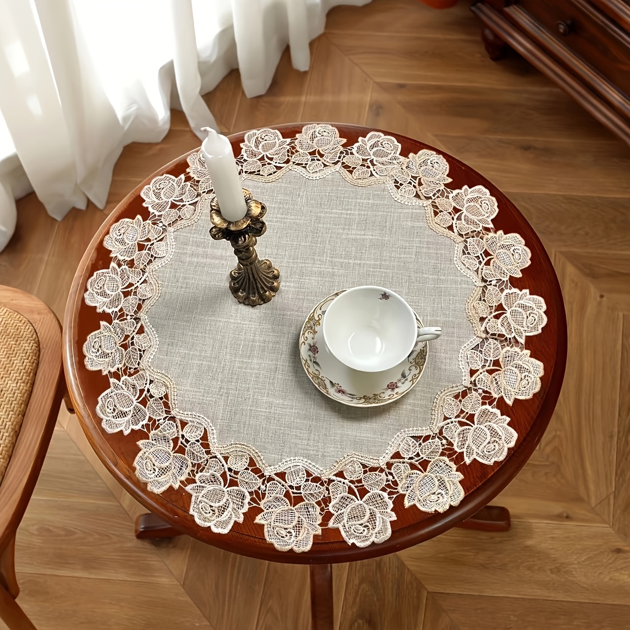 Image of 1pc Beige Rose Linen Placemat Tablecloth With Delicate Lace, Suitable For Kitchen Dining Table - Essential For Home Decoration, Suitable For Gatherings, Festivals And Parties