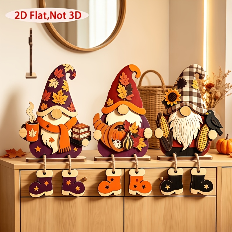 TEMU 2d Flat - 3pcs Wooden Desktop Ornaments, Autumn Warm Brown Tones, , Pumpkins, Sunflowers, Elements, With Hangable Little Boots, Faceless Cartoon