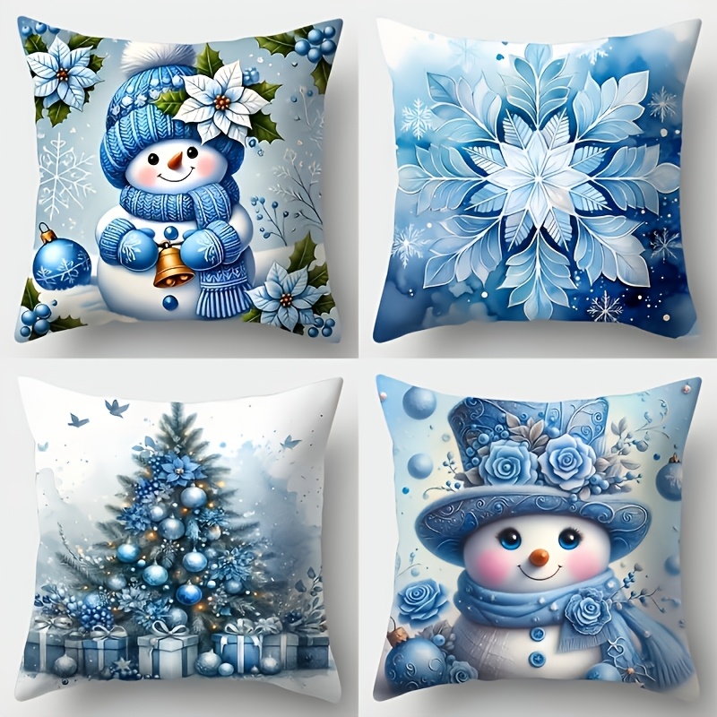 TEMU 4pcs Blue Christmas Cushion Covers Suitable For Sofa Bed Chair - Polyester Double-sided Snowman Xmas Tree Snowflake Pillowcases With Zipper