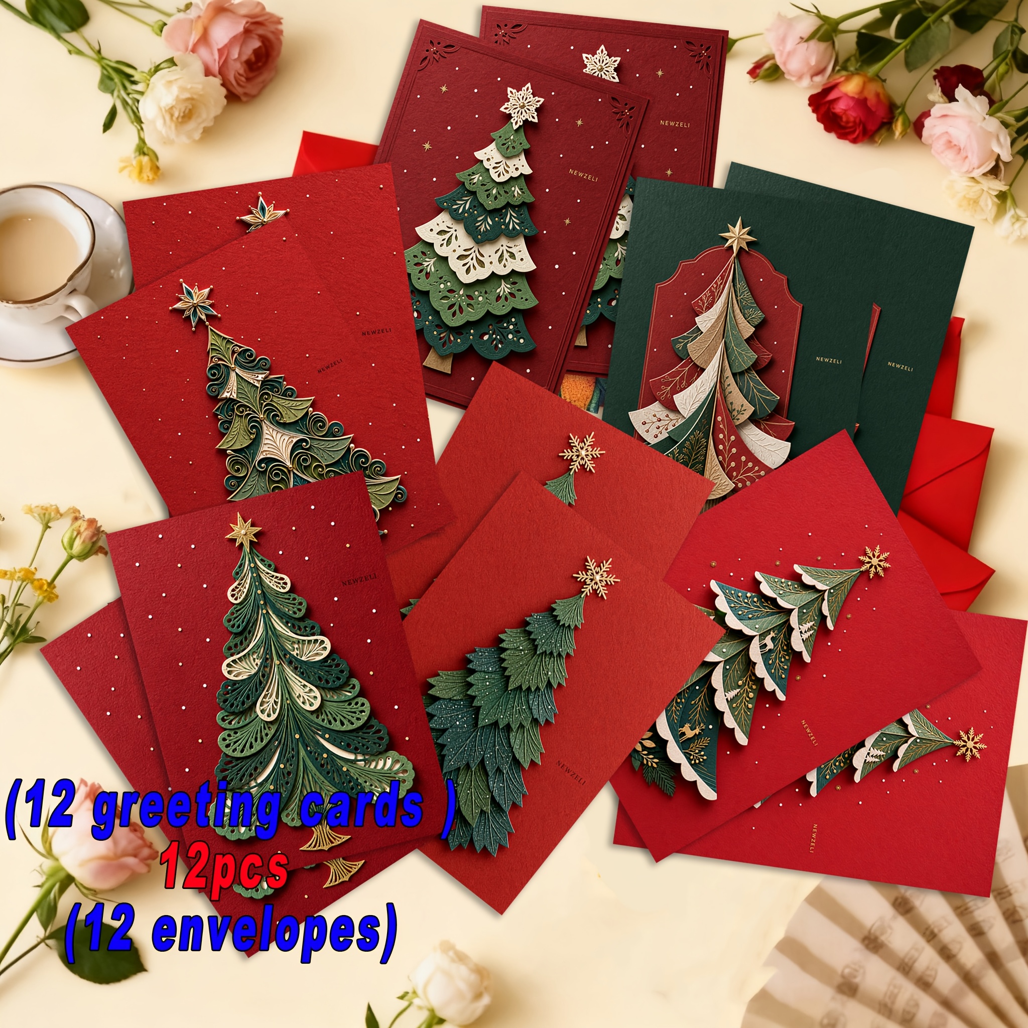 TEMU 12pcs (12pcs Greeting Cards And 12pcs Envelopes) Newzeli Design Christmas Tree Theme Greeting Card Set, Suitable For Christmas, New Year And