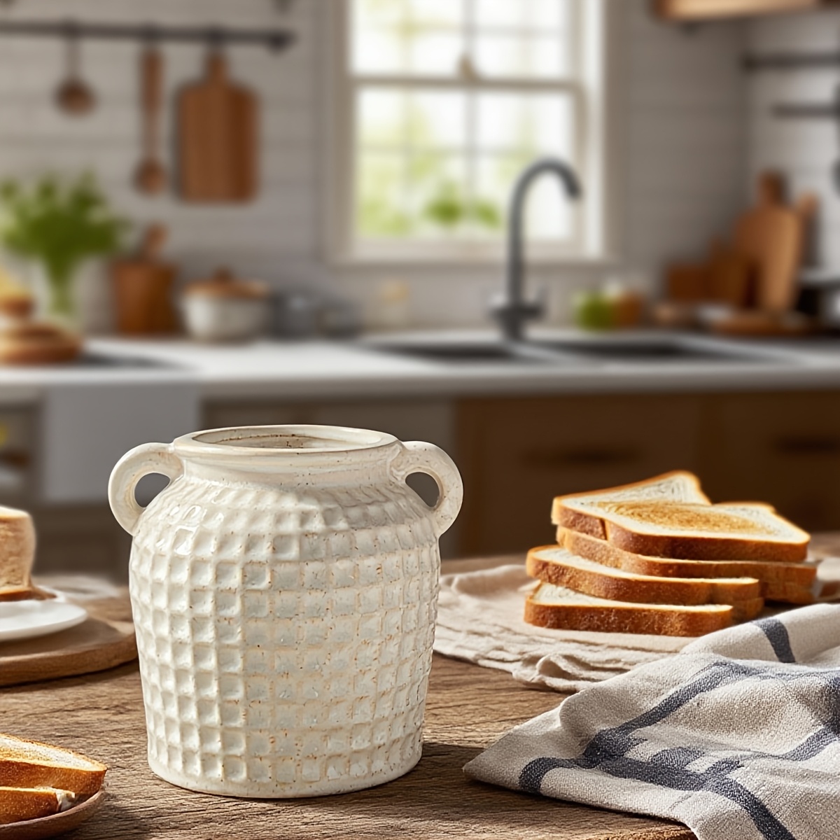 1pc Vintage Ceramic Double-Handled Vase - a Unique And Original Multifunctional Storage Jar, Suitable for Tableware And Fresh Flowers - a Rustic Style Decorative Container for The Kitchen, Dining Room, Or Living Room, Featuring a Distressed Glaze fo