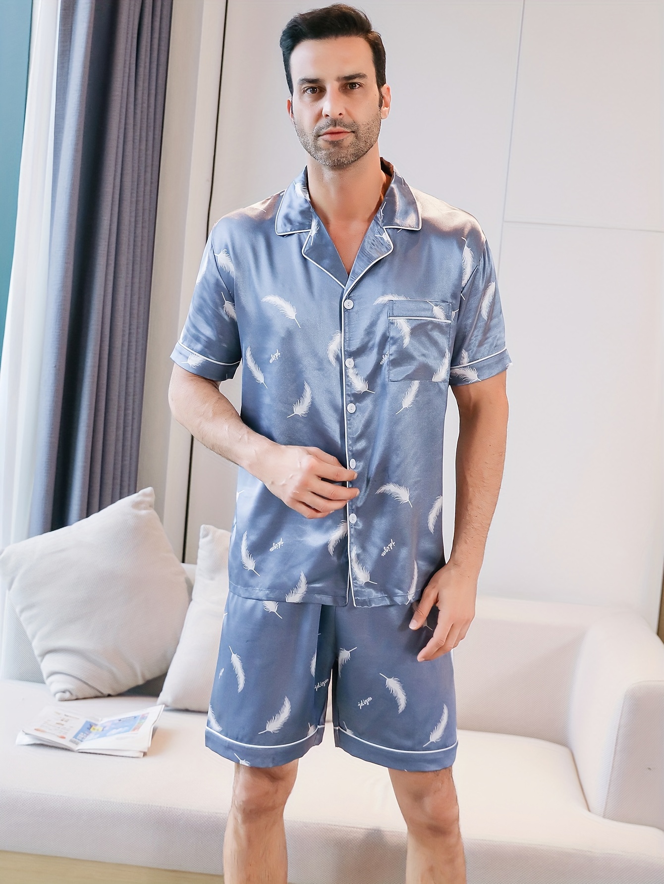 2pcs Men'S Pajama Set - Lightweight Short Sleeve, Turn- Collar, Summer Home Wear with Black & White Bird Print, Comfortable Polyester Blend for Relaxation, Relaxed Fit Clothing|Casual Style| Texture