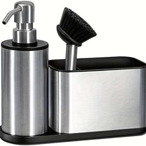 1pc stainless steel 3 in soap dispenser set with sponge holder dishwashing brush and brush stand rust proof non slip countertop sink organizer