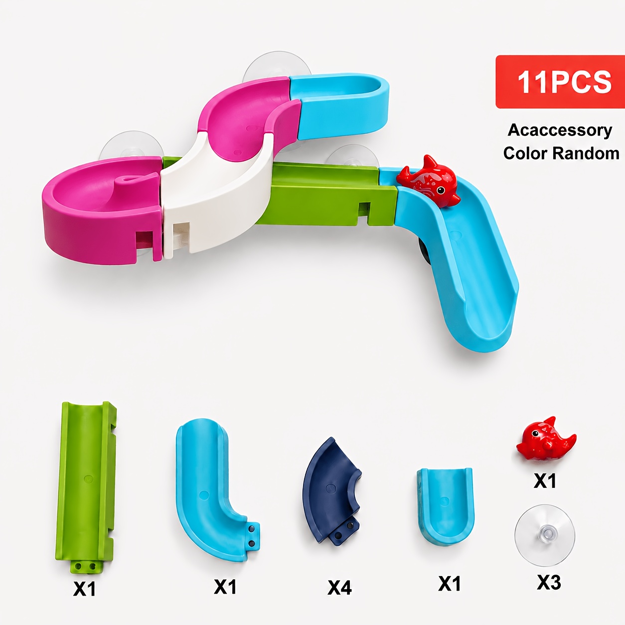 Image of 11pcs Bathroom Track Toy Set, With Suction Cups For Secure Wall Attachment. Tracks Assembled, And Water To Make The Car Glide , Of Water Flow While Bathing, Accessory Color Random