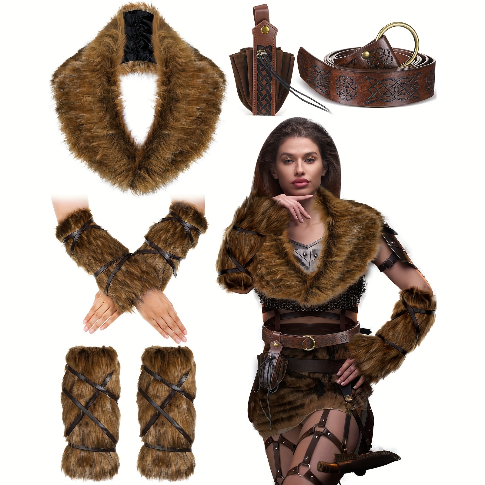 

-inspired 11pcs Costume Set With Fur Collar, Embossed Belt & Pouch, Plush Leg Warmers - Halloween & Medieval Festivals