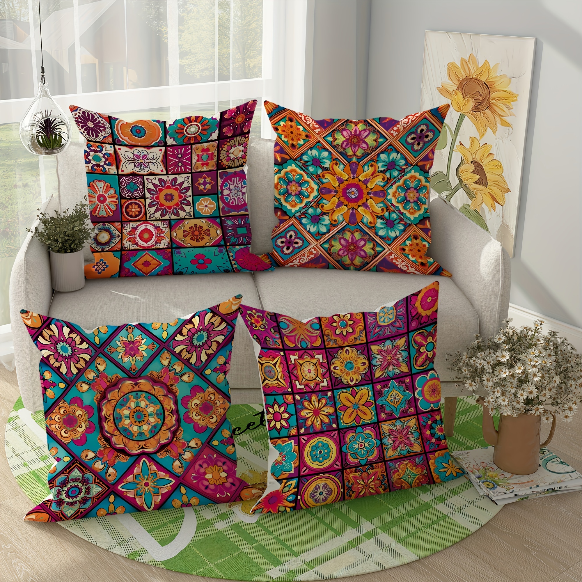 

Bohemian Throw Pillow Covers Set Of 4, Mandala & Geometric Design, Contemporary Zippered Square Cushion Cases For Home Decor, Machine Washable, Polyester, Versatile For Sofas, Beds, And Living Room