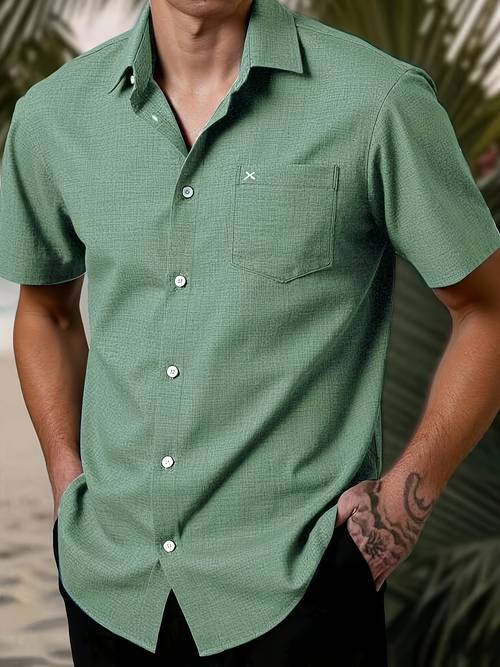 camisa casual multifuncional de manga corta para hombre para uso con bordado y un solo bolsillo, camisa para hombre