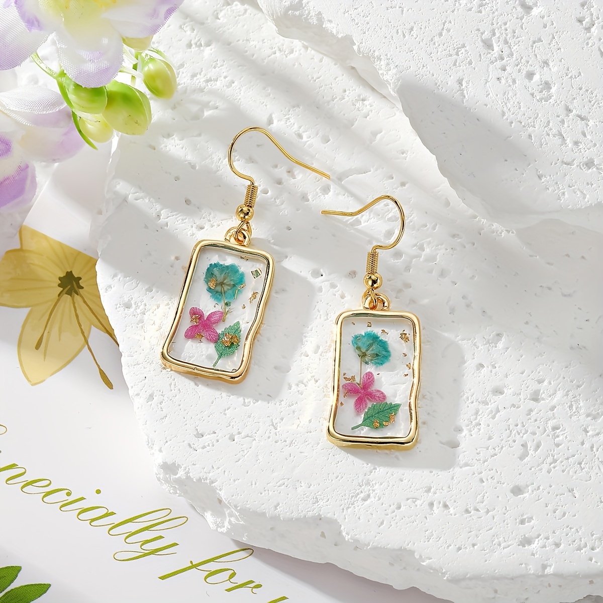 TEMU Bohemian Simple Irregular Rectangular Colorful Dried Flower Earrings Vintage Unique Artificial Flower Drop Earrings Women's Jewelry Gifts