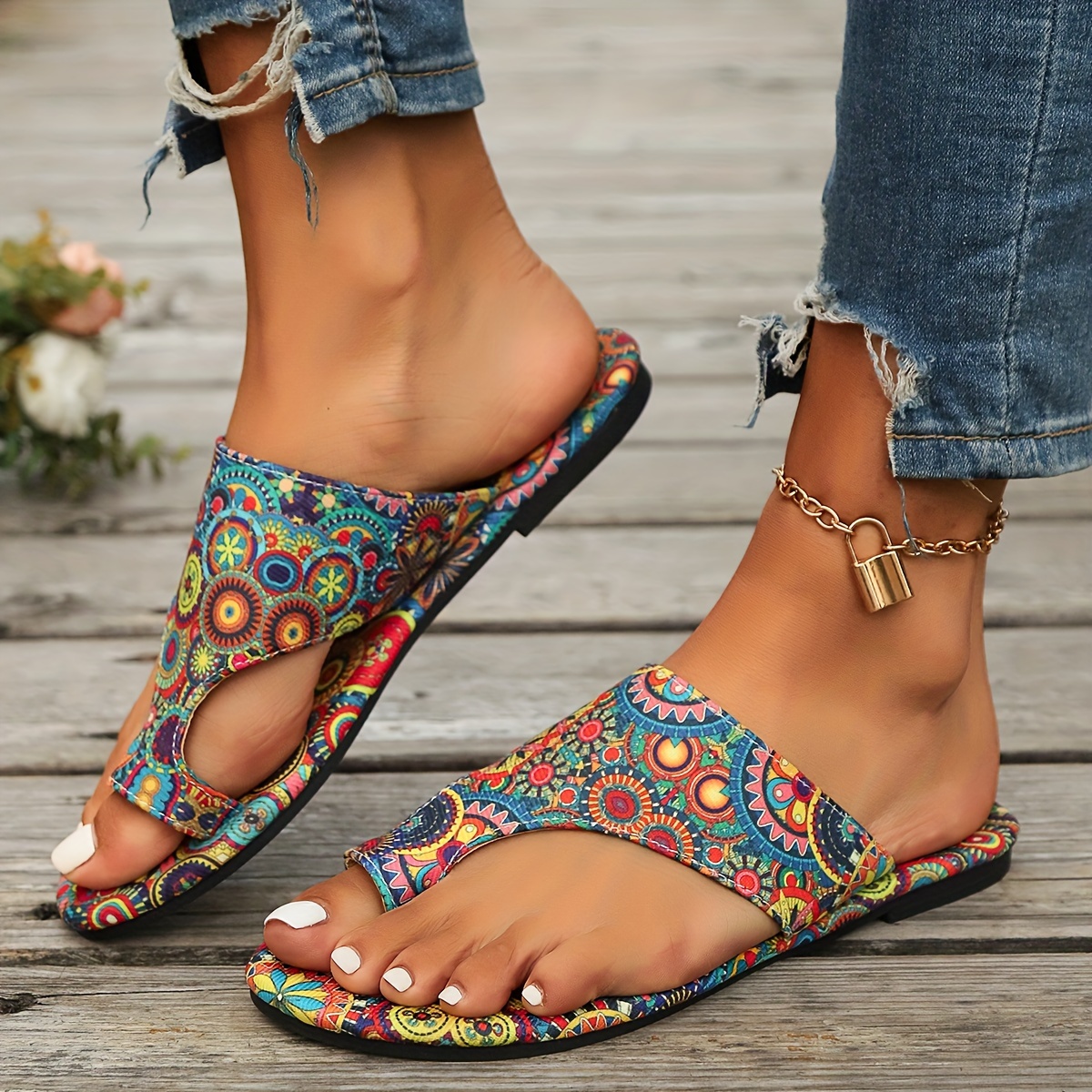 

Women's Bohemian Flower Pattern Slide Sandals, Casual Loop Toe Flat Summer Shoes, Lightweight Slide Sandals