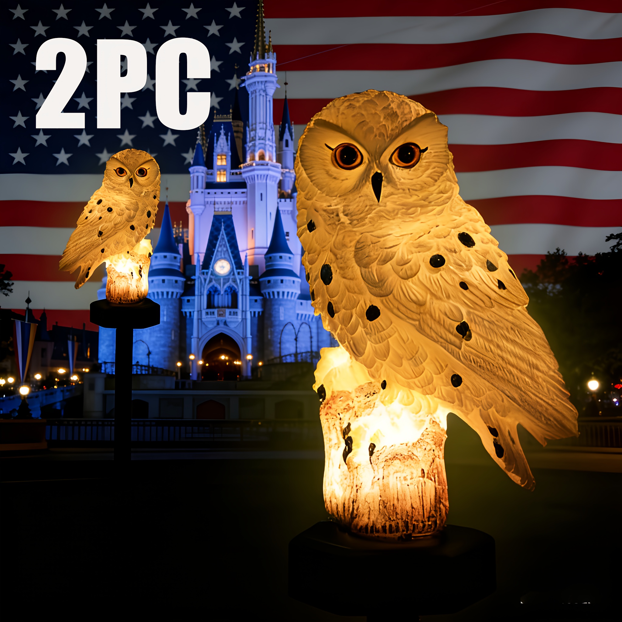 TEMU 2pcs Resin Owl Solar Powered Landscape Light, Energy-, Automatic Led Yard Decorative Lighting For Outdoor Pathway, Garden, Patio, And Lawn