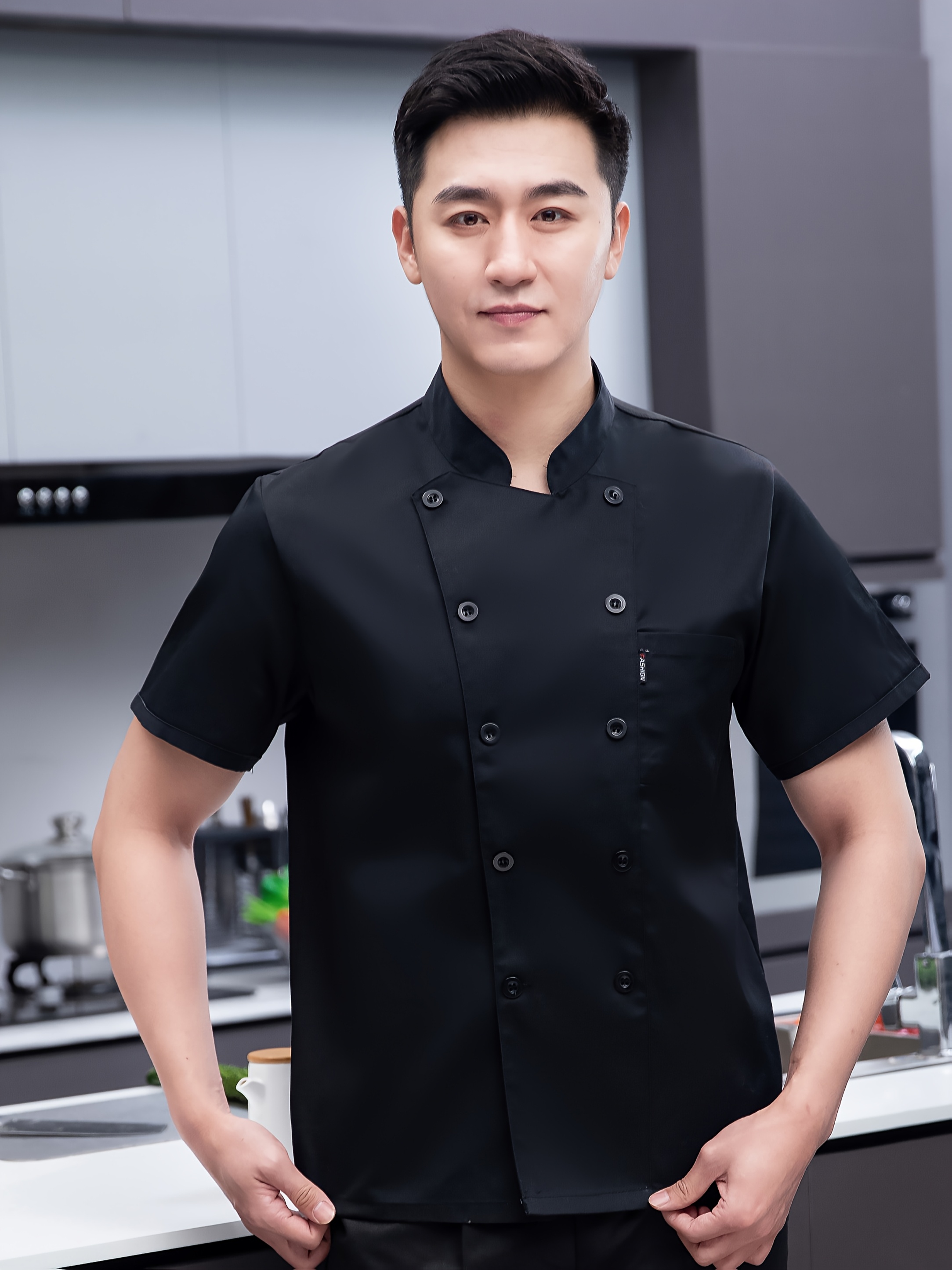1pc men's chef coat short sleeve with contrast black soft