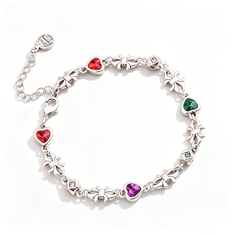 Image of 1pc S925 Silver Fashionable Exquisite Bracelet, Heart Inlaid With Colorful Synthetic Zirconia, Unisex, Suitable For Daily Wear And Parties, The For Holiday Gifts
