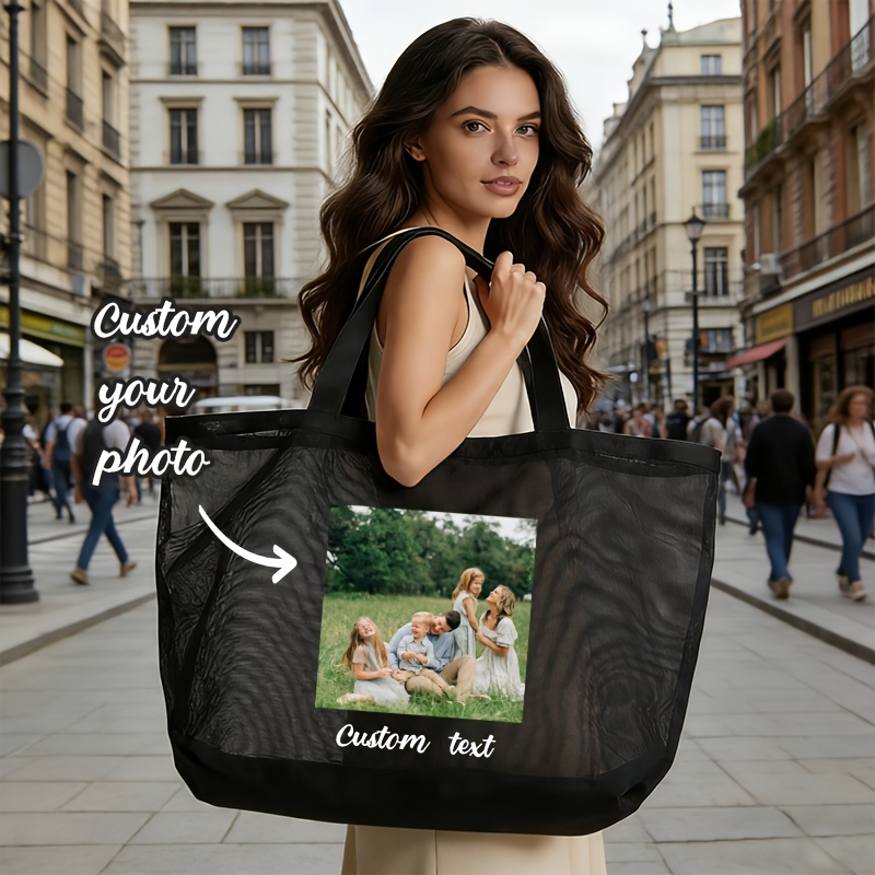 TEMU Custom Oversized Mesh Tote Bag, Light Luxury Large Capacity Transparent Mesh Tote Bag, Personalized Custom Picture/text Mesh Tote Bag, Beach