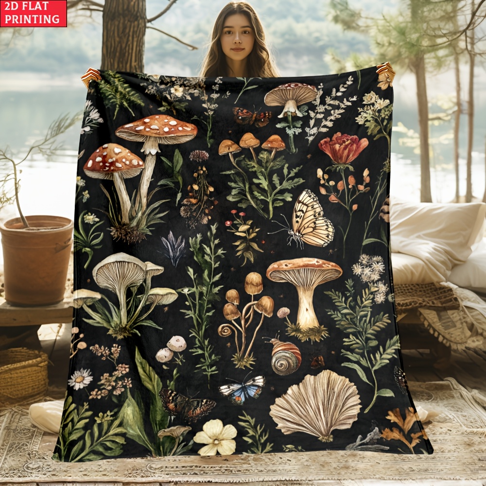 TEMU 2d Flat 1pc Mushrooms And Plants Pattern Blanket - Lightweight Flannel Throw For Sofa, Bed, Travel, Livingroom, Office, Couch And Bed - Digital