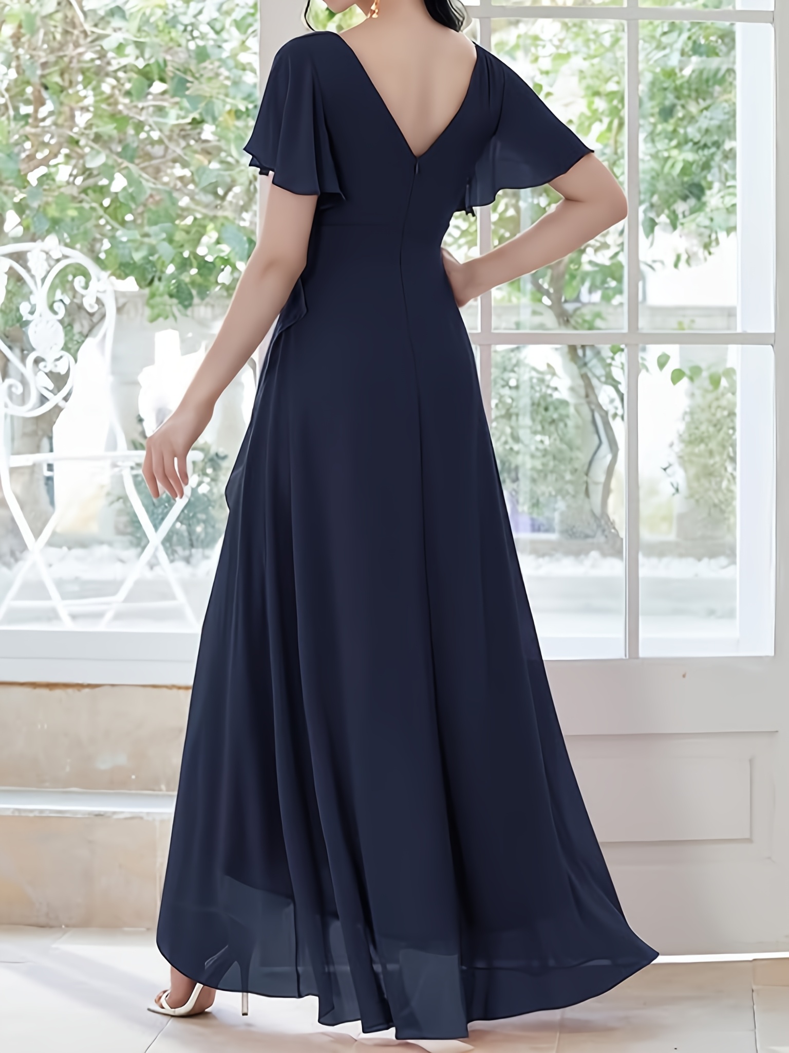 Chiffon Gown Wedding Guest Maxi Dress With Sleeves Elegant Navy