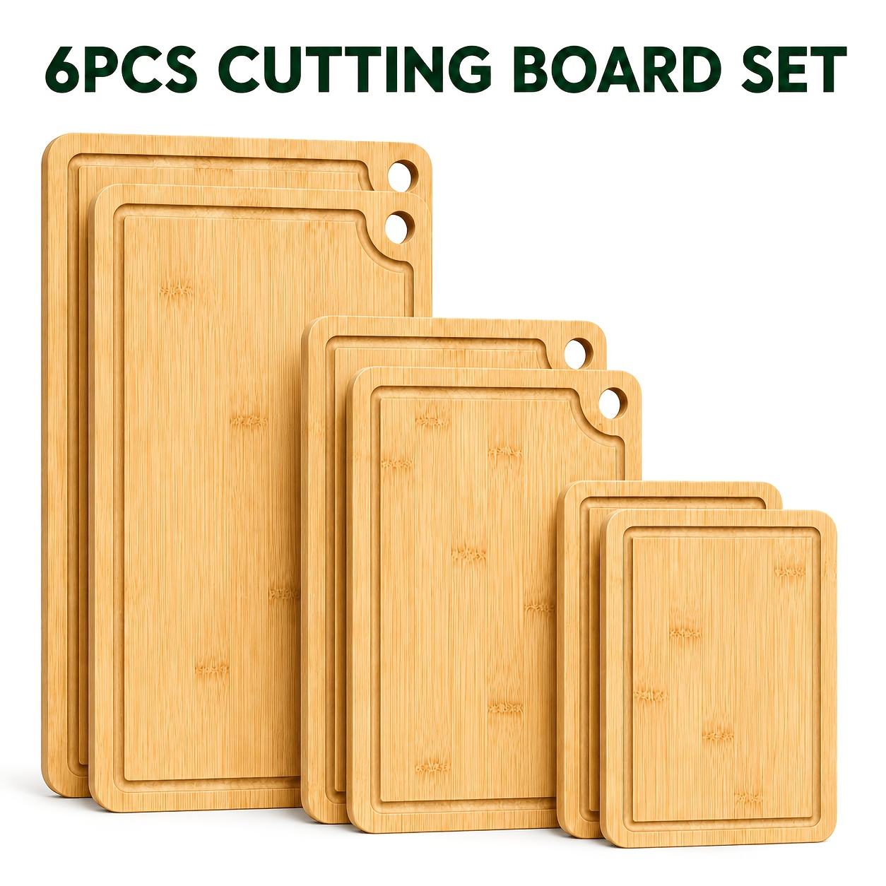 Image of 6pcs Bamboo Cutting Board Set With Hanging Holes & Juice - Large/medium/small Bamboo Chopping Boards Suitable For Home Kitchen, Holiday Gifts, Space-saving Prep Boards For Cooking, Bamboo Board