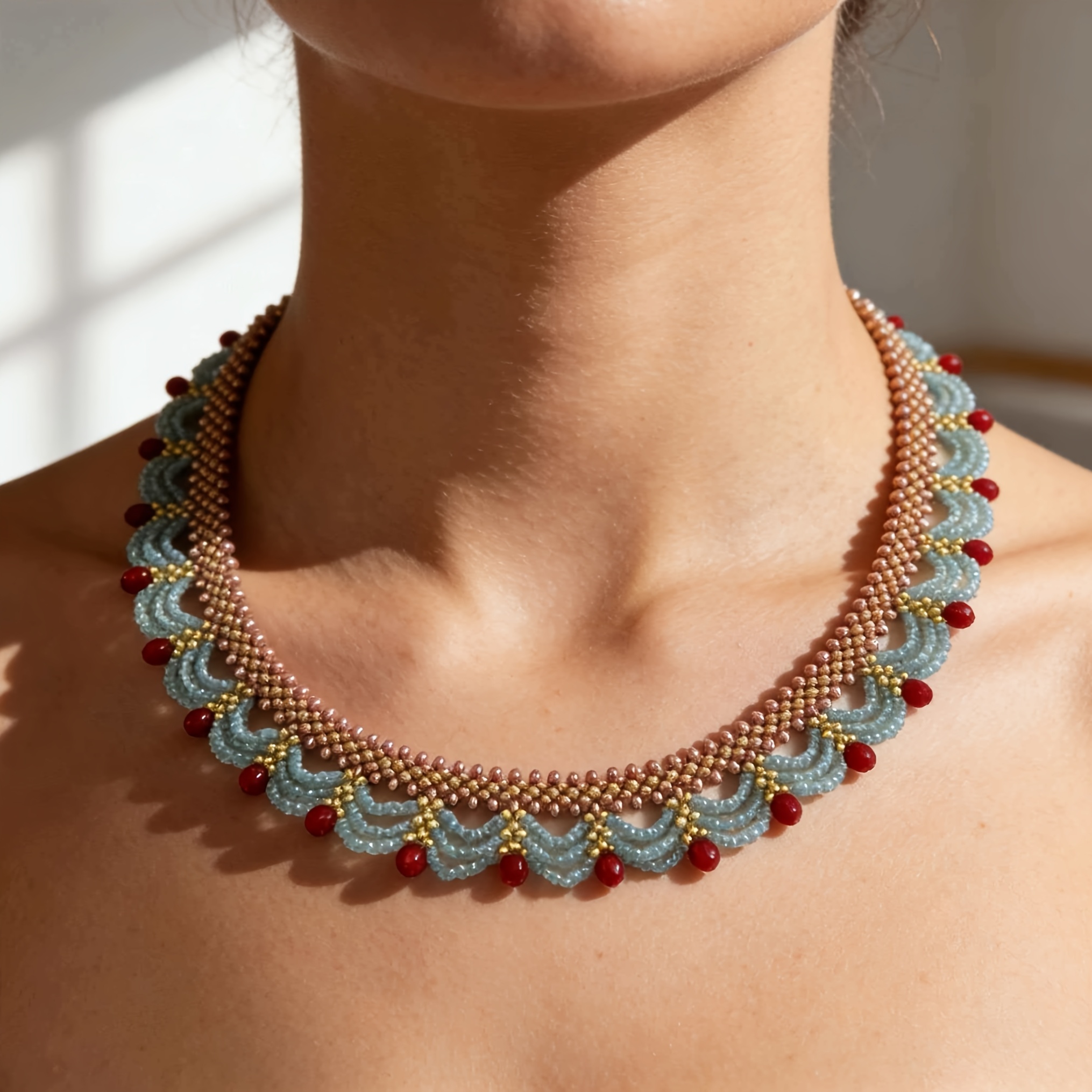 TEMU Bohemian Style Vintage Light Luxury Rice Bead Woven Necklace, Temperament All-match Bead Clavicle Chain, Suitable For Daily Wear Vacation