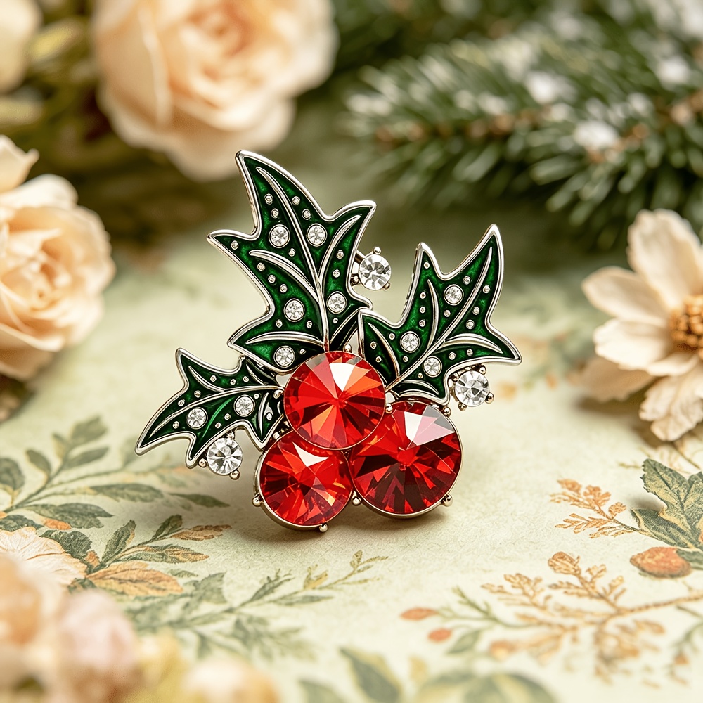 TEMU Broche vintage de navideñas con diseño de de , combinado con hojas esmaltadas en verde y cristales artificiales rojos. Lleno de festivo, es de