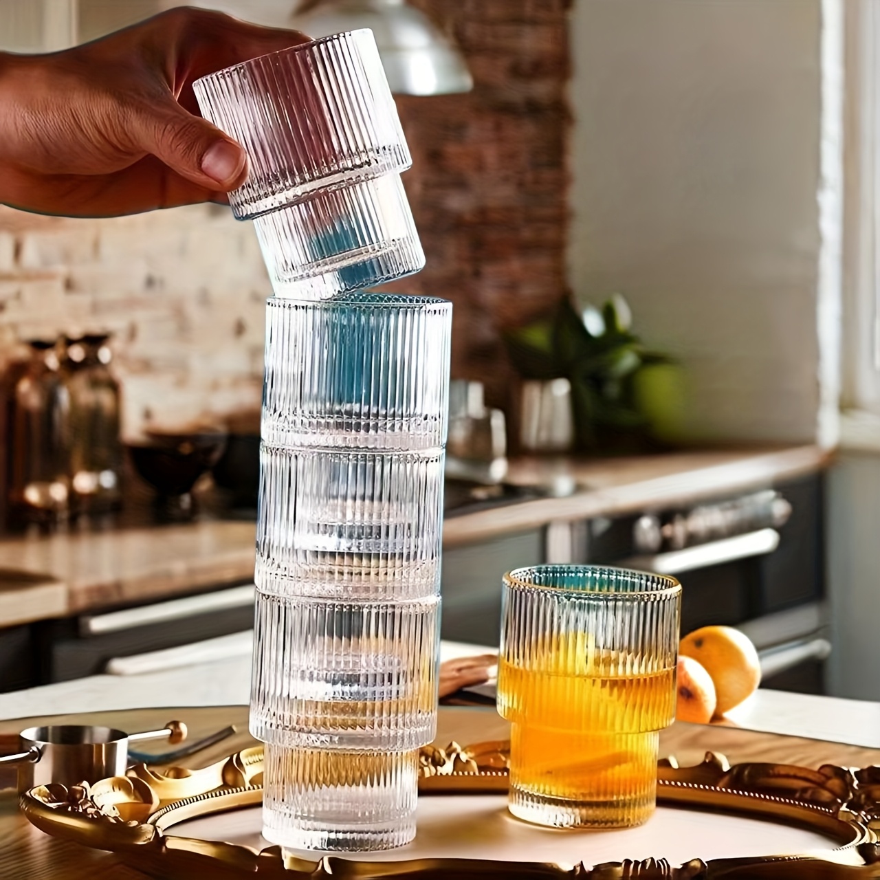 5pcs 200ml Vintage Striped Glass Cups Small Heat Resistant Drinking Mugs For Juice Milk Coffee