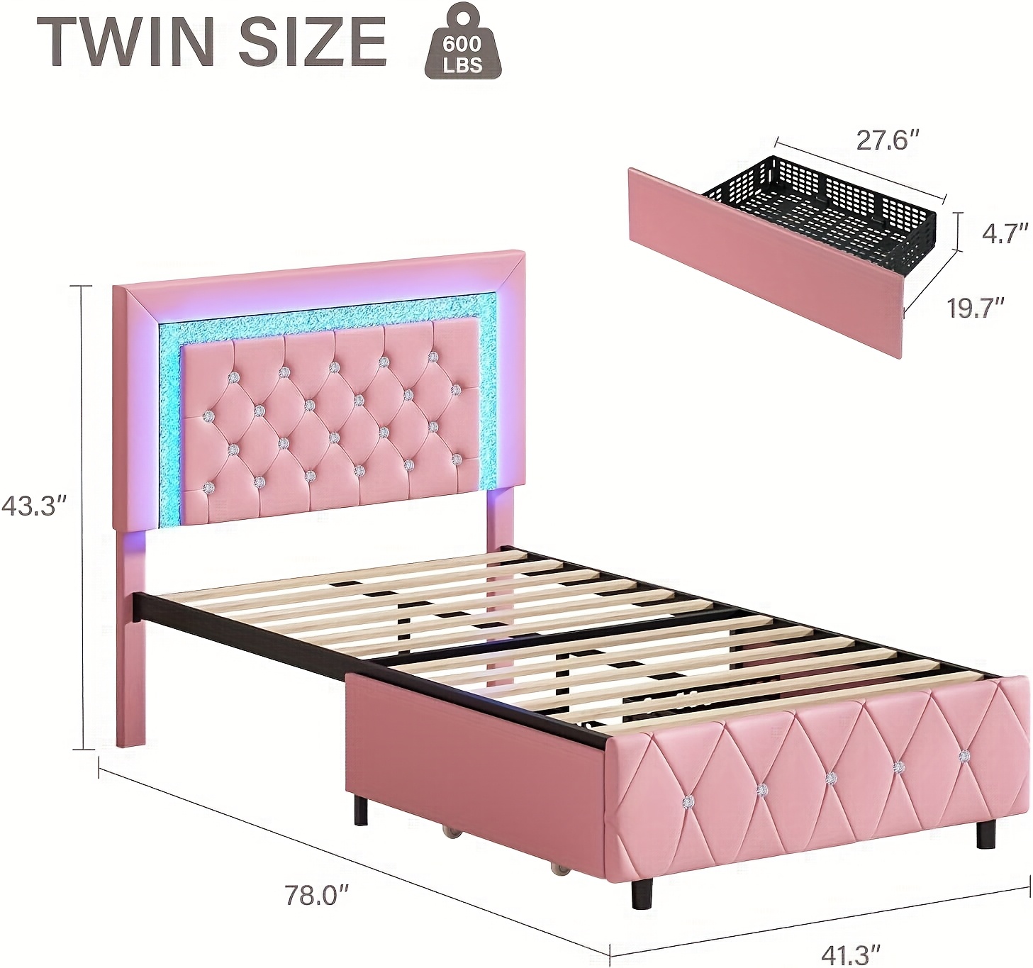 Twin Full Queen Size Bed Frame, Upholstered Platform Bed With Crystal Tufted Headboard, LED Lights And Storage Drawer With Scroll Wheels, Maximum Weight Recommendation 800 Pounds, Black White Pink Yellow