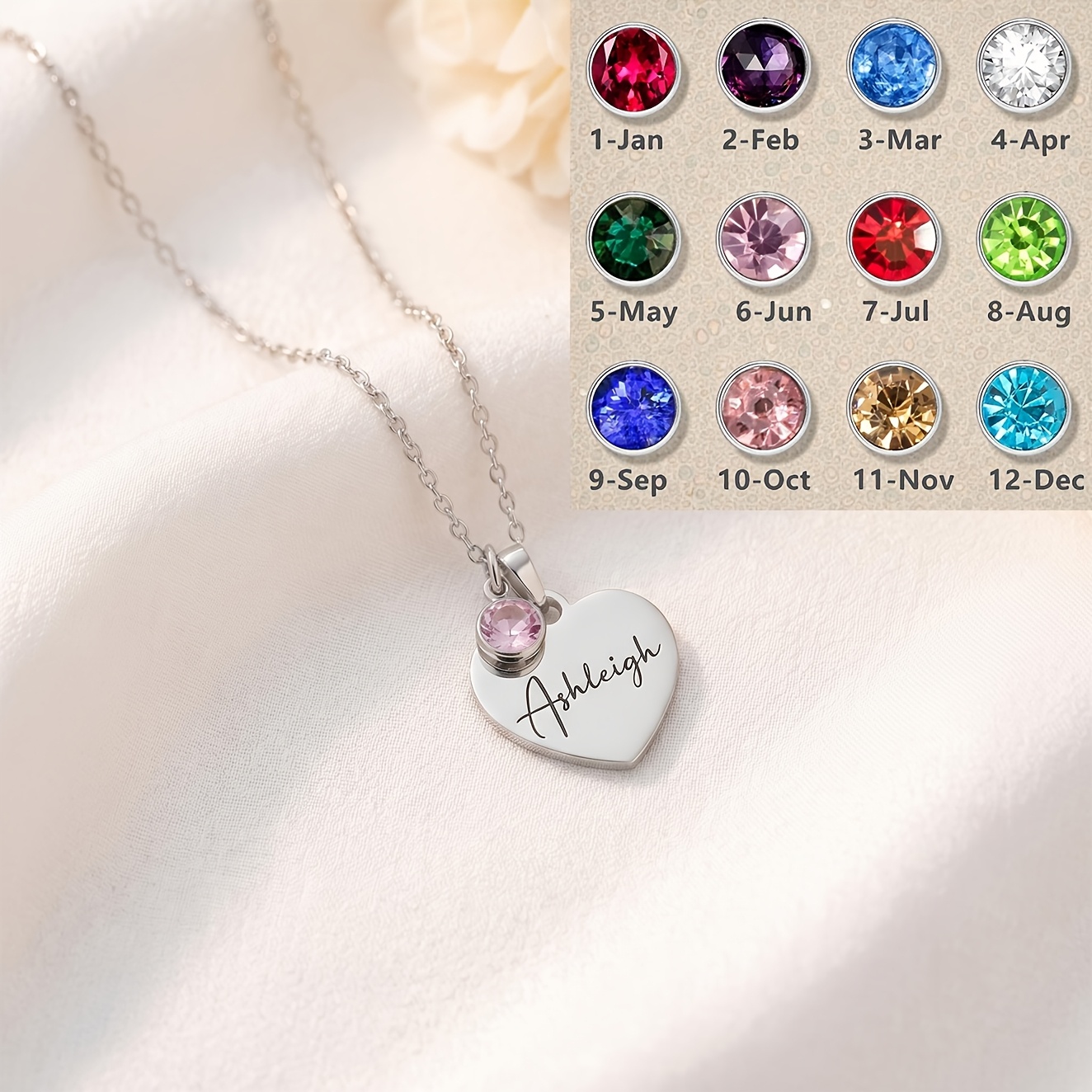 TEMU [custom] Personalized Solid Heart-shaped Name Necklace, With Birthstone Pendant, 18k Golden Plated Craft, Custom Letter Name Engraved Heart