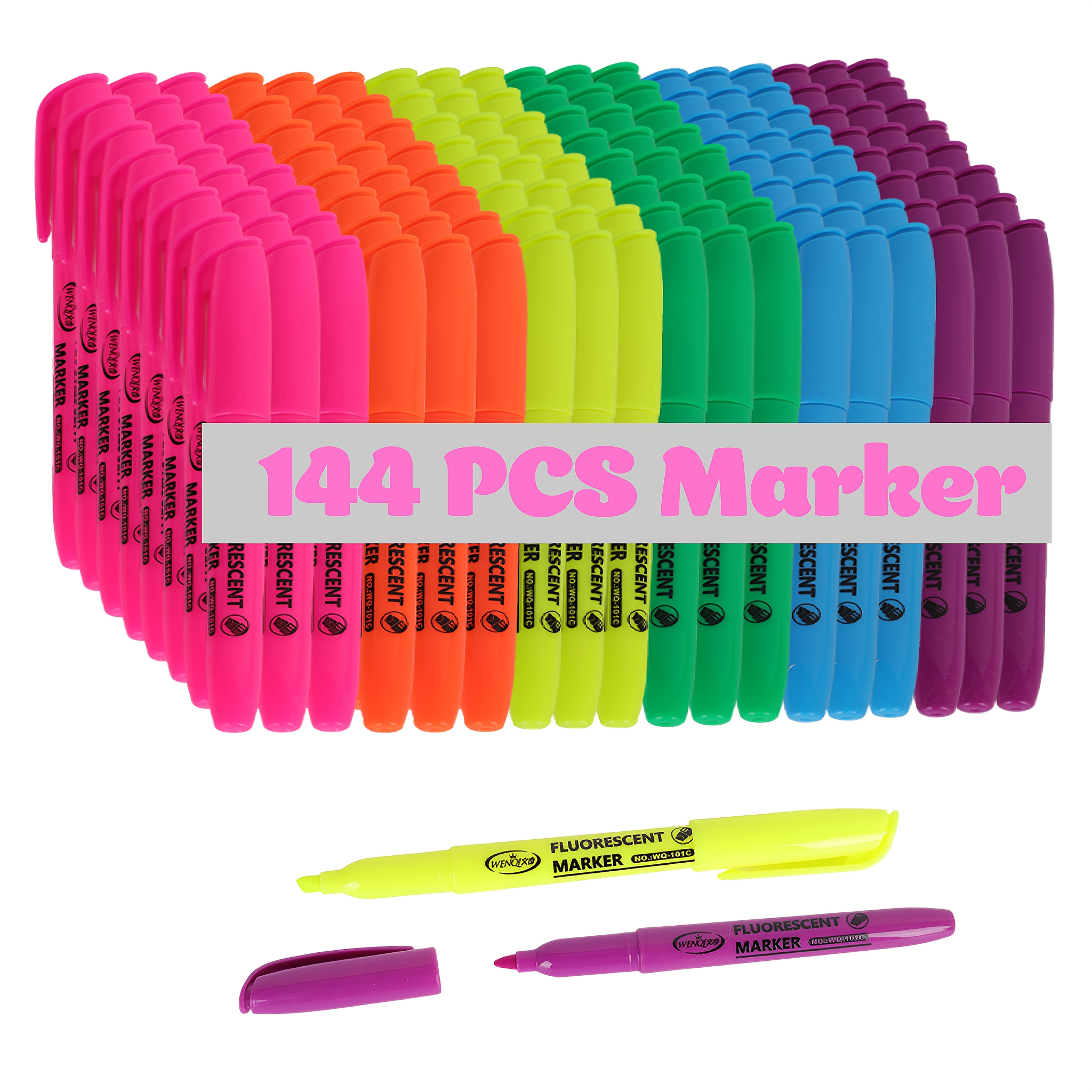 TEMU 144pcs Vibrant Assorted Colors Highlighters, 6 Bright Fluorescent Colors, Non-toxic Markers For Office, School, Home - Ideal For New Year,
