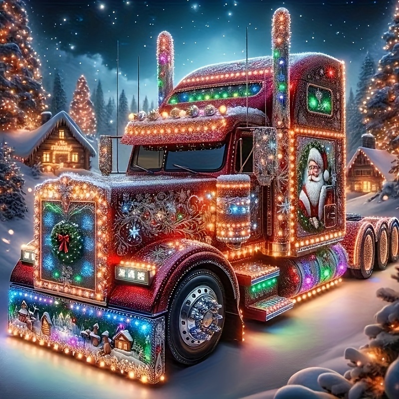 

5d Diy Diamond Painting Kit Christmas Truck With Round Acrylic Diamonds, Full Drill Stitch Set For Home Decor, Beginner Mosaic Art Craft, 1pc