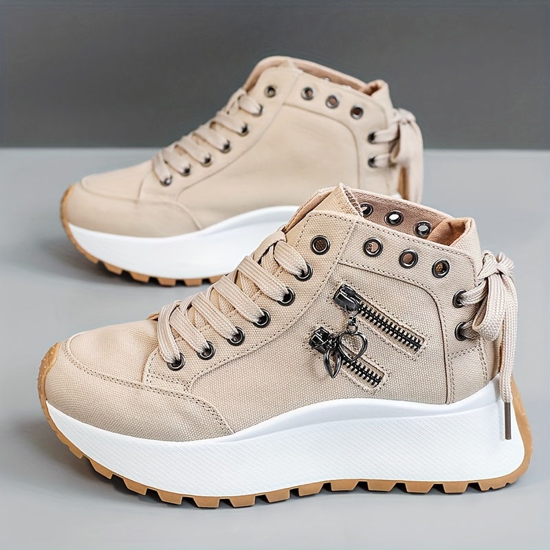 LYKU Women's Height-Increasing Sneakers with Thick Platform Sole - Breathable Low-Top Lace-Up Sneakers Suitable for Sports, Casual Wear & Everyday Use, Cushioned PVC Sole & Round Toe, - White Sneakers, Women Shoes