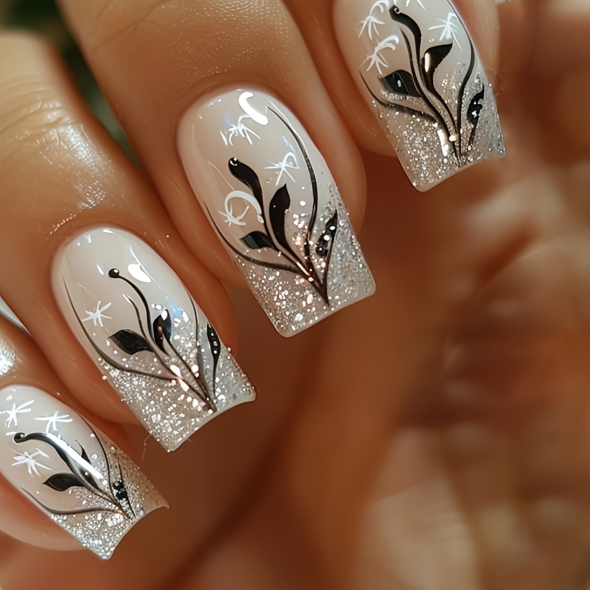 TEMU 24pcs Medium Square Nail Nude Irregular Line Sparkling Glossy Full Coverage Press-on Nails Suitable For Women' Party Nail Decoration