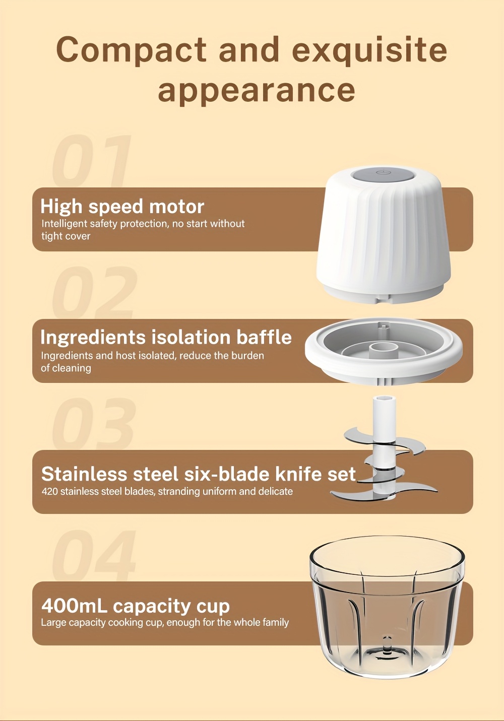   400ml mini electric food chopper with 6   blades portable usb rechargeable garlic cutter vegetable chopper multi   and meat grinder for chopping onions peppers celery ginger carrots kitchen essential tool vegetable chopper modern kitchen tool durable plastic Product details 2