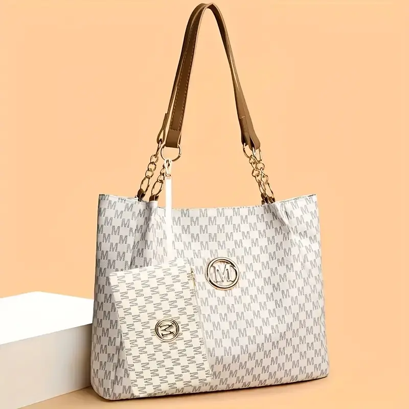 2pcs womens vintage shoulder bag set large capacity tote bag with fixed shoulder strap synthetic zipper closure polyester lining lightweight random print design daily commuting and carrying cell phones details 7