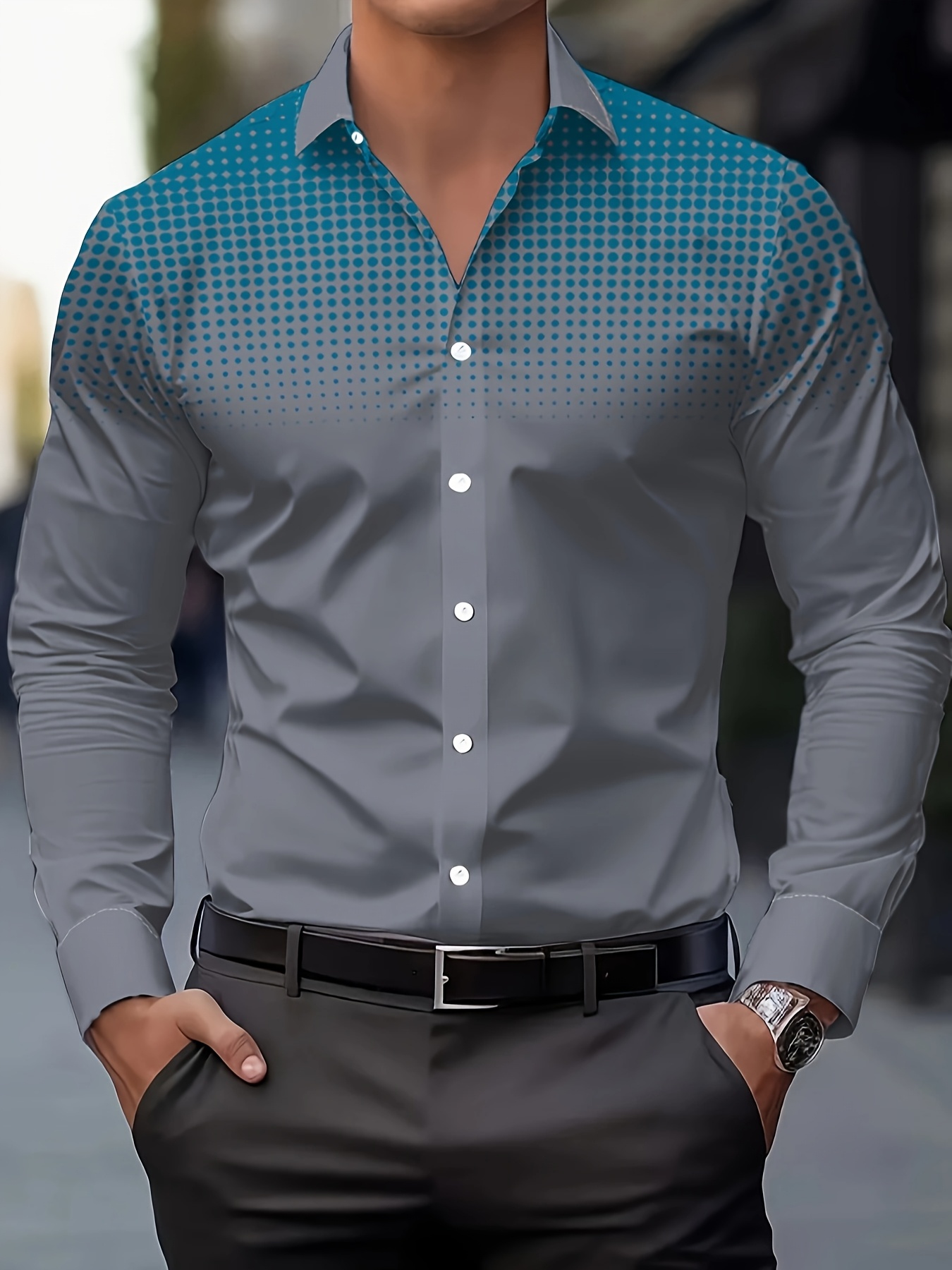 Men's Casual Long Sleeve Button-Up Shirt - Gradient Blue to Gray Print, Polyester, Machine Washable, Classic Collar, Comfort Fit for Spring/Fall