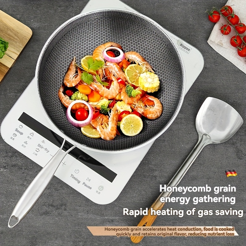 lightweight stainless steel wok with non stick honeycomb design scratch heat resistant   handed lift for home and outdoor cooking details 2