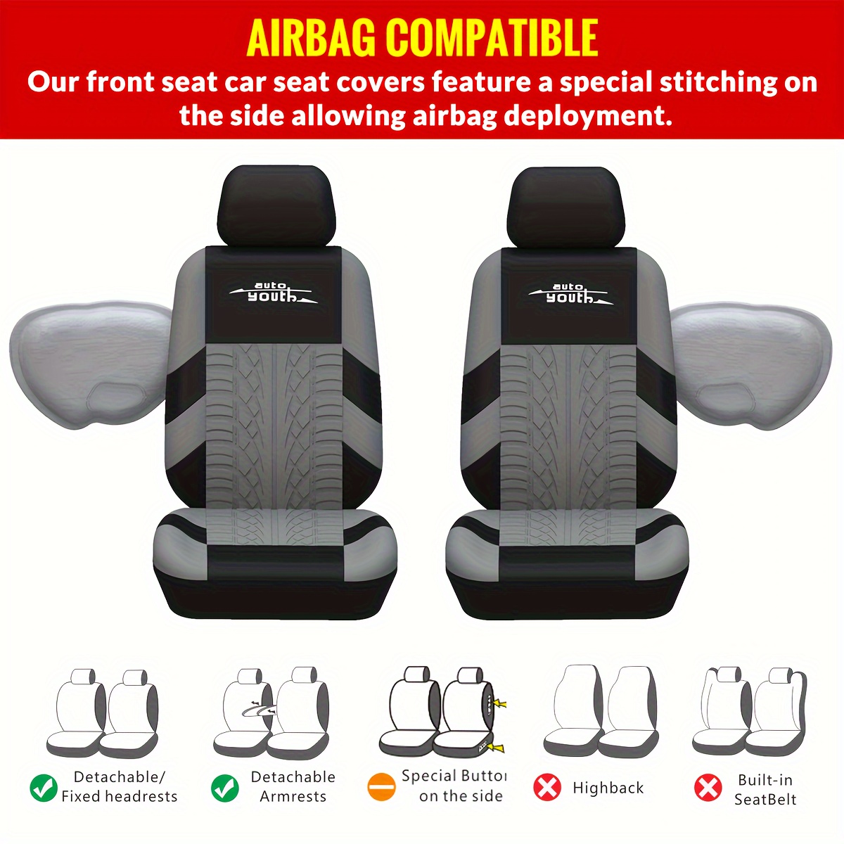 

Car Seat Covers Full Set, Front & Split Rear Bench For Car, 3d Tyre Print Automotive Interior Covers, Airbag Compatible, Quick Setup Universal Fit Seat Covers For Car, Truck, Suv