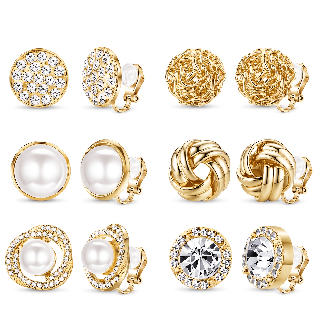 TEMU 6 Pairs Women' Clip-on Earrings Suitable For Non-pierced Ears, Large & Twisted Knot Halo Solitaire Ear Clips, Woven Mesh Ball & Round Studs,