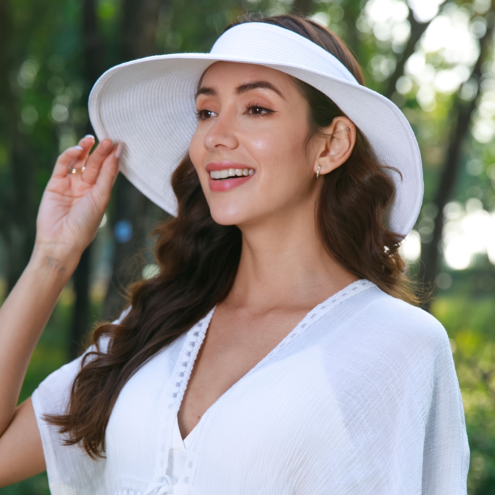 2 Chapeaux De Soleil Pliables Pour Femme Avec Ouverture Pour Queue De Cheval - Protection UV - Blanc Cassé Et Rose Glacé - 10