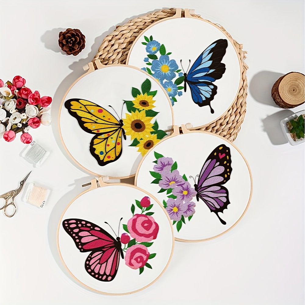 TEMU 4pcs -themed Embroidery Kit, A Beginner-friendly Embroidery Set With Floral Patterns, Including 4 Printed Embroidery Fabrics, Embroidery Thread,