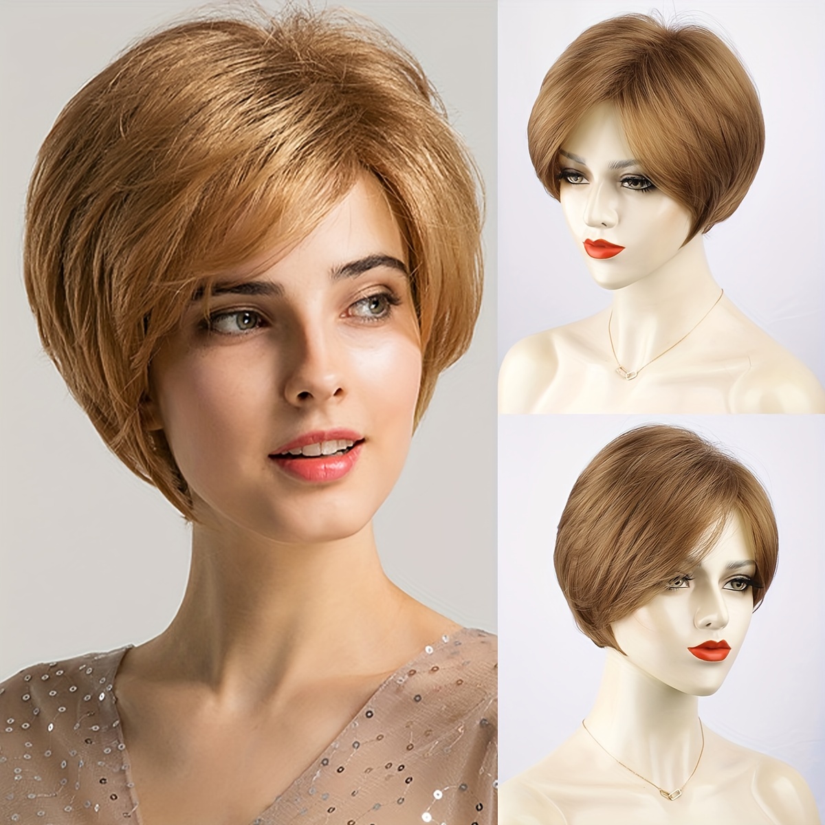 Pixie Cut Wig With Bangs Short Straight Synthetic Wig Side Part Style Short Wigs For Women