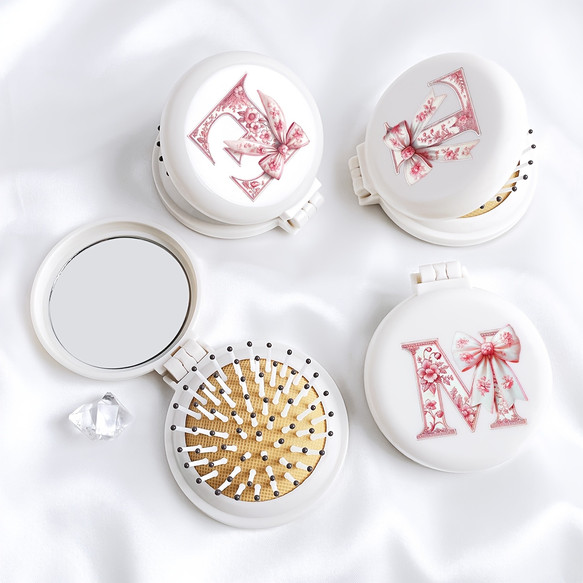 portable pink bowknot letter pattern round beige hair comb with mirror mini cushion comb for travel   business trips performances ideal for bag essentials or birthday gifts