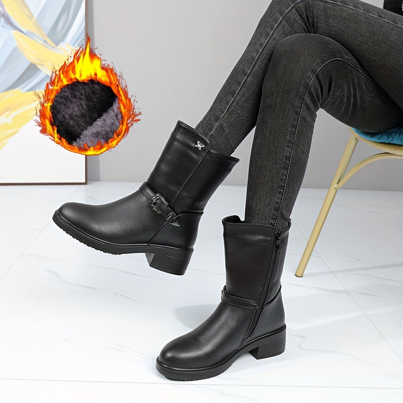 

Bottes Doublées en pour Femmes - Chaudes, Semelle Épaisse pour l'Hiver avec Fermeture Éclair Latérale, Bout Rond & Talon Épais