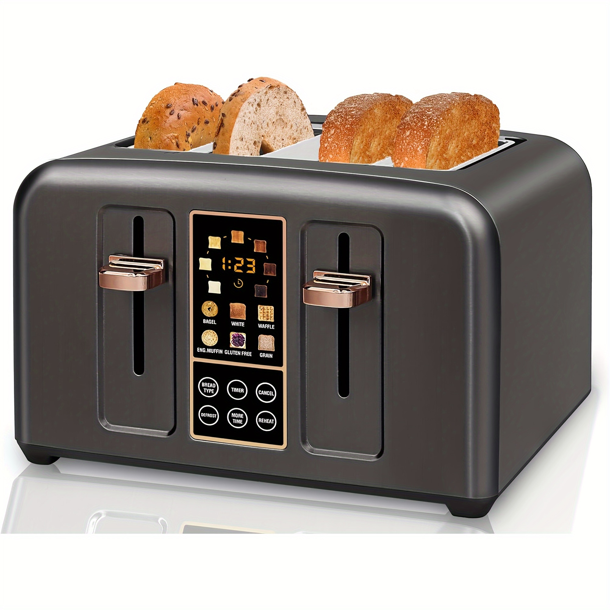 

Toaster 4 , Stainless Toaster Lcd Display, Touch Buttons, 6 Bread Selection, 7 Shade Settings, 1.4''wide Slots Toaster Cancel, Defrost, Reheat, Removable Crumb Tray, 1800w