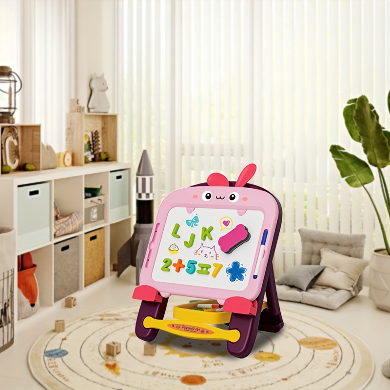 kids magnetic   with magnetic letters, numbers, animals & heart cutouts - pink & multicolor double-sided magnetic board with storage cup & eraser holder, sturdy   stand for   art & play, durable non-toxic material, portable kids easel for drawing, writing, and creative play - ideal for & s educational, magnetic drawing board for kids 0