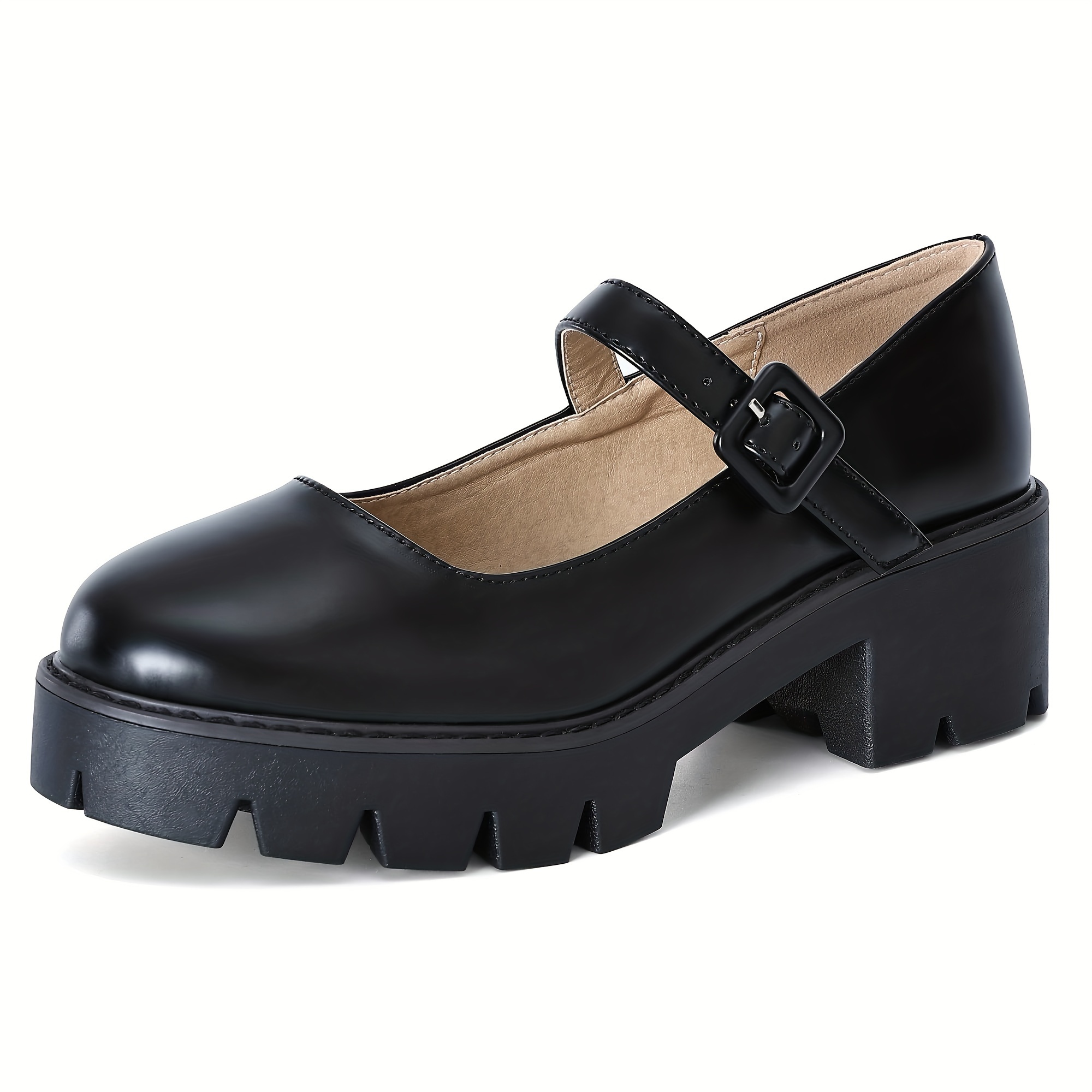 

Comfortable Round Toe Black Flats Shoes, Chunky Heels Oxford Dress Shoes