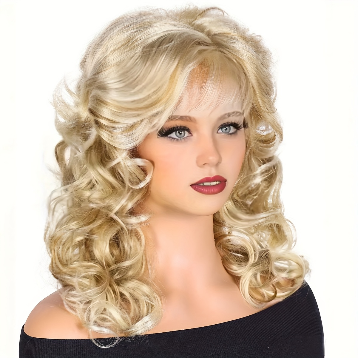 Image of 22-inch Long Curly Wavy Synthetic Wig With Bangs For Women - Soft, High-temperature Fiber Wig, Golden Gradient Style, Full-coverage , Suitable For Daily Wear, Festivals, And Mother's Day