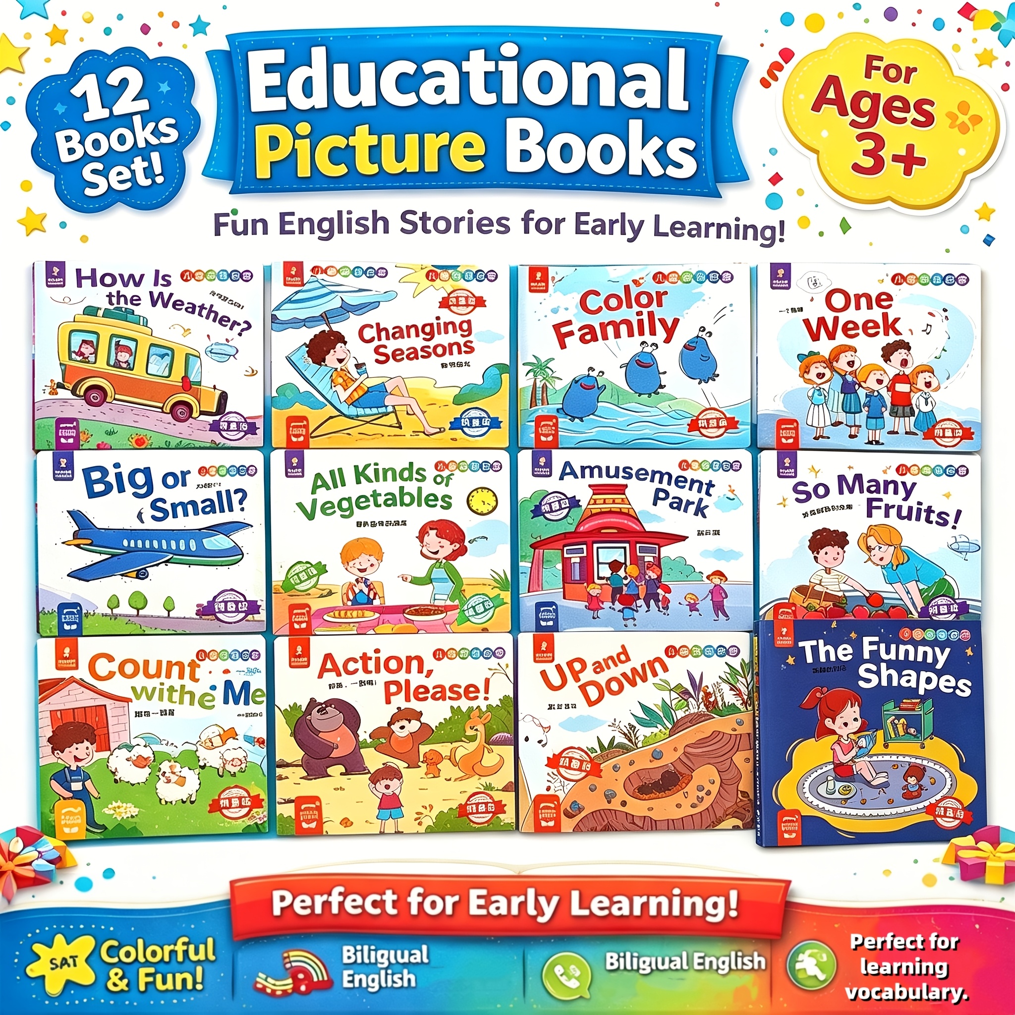 TEMU Set da 12 libri di storie in inglese per bambini per l'apprendimento - Libri illustrati adatti a ragazzi e ragazze, per l'arricchimento del