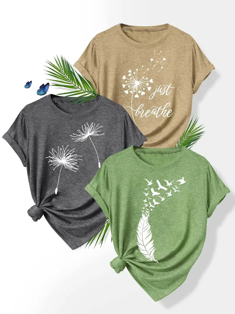 3pcs set floral print t shirts for women dandelion rose and casual summer short sleeve crew neck tees soft polyester blend sizes s xxl casual attire casual summer wear floral print stretchy fabric Product details 8
