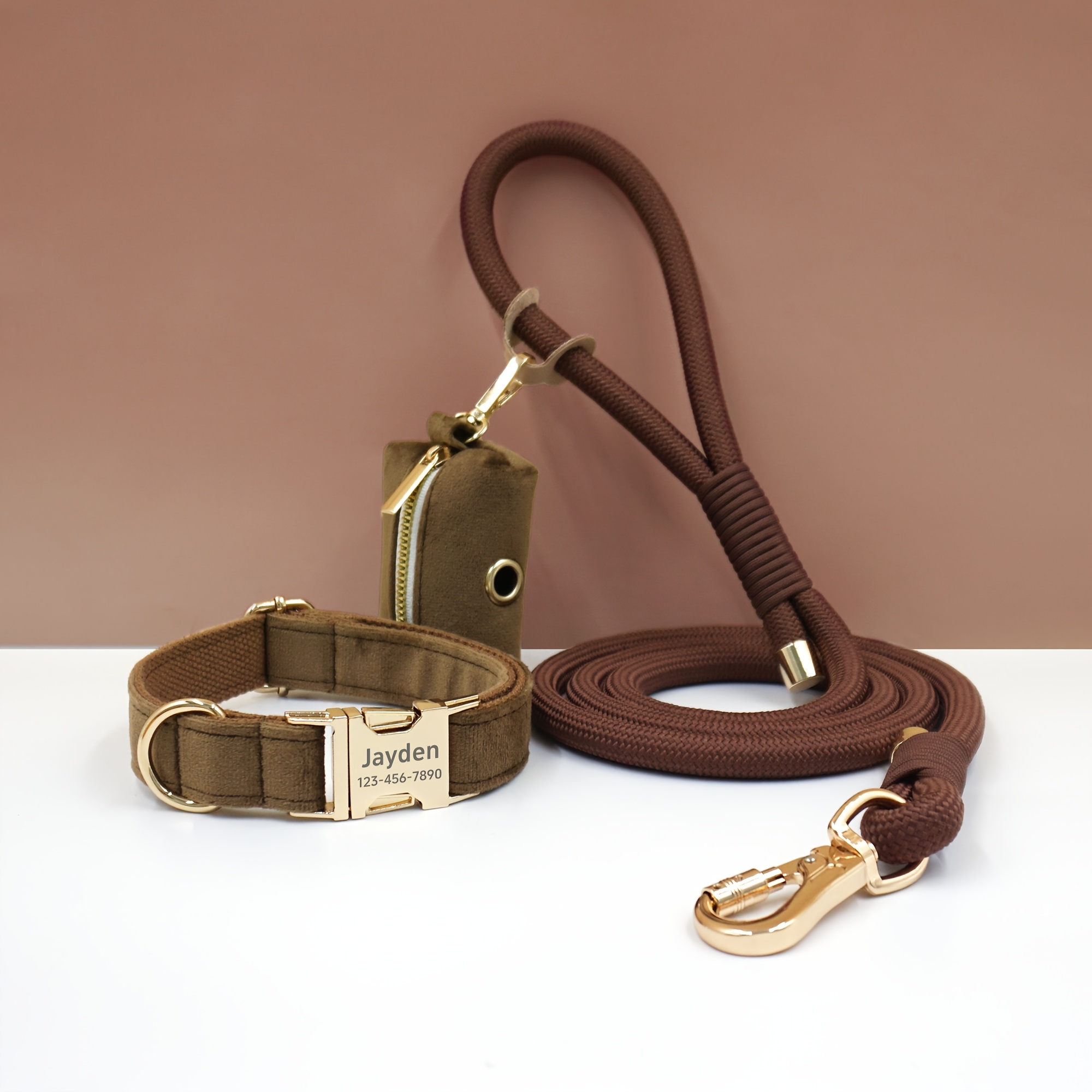 Customizable Soft and Comfortable Velvet Pet Dog Collar with High-Tensile Zinc Alloy Hook Buckle, Hand-Woven Round Rope Waste Bag Set. Free Laser Engraving of Pet Dog's Name and Owner's Phone Number. Dog Birthday Gift, Wedding Gift, Christmas Gift
