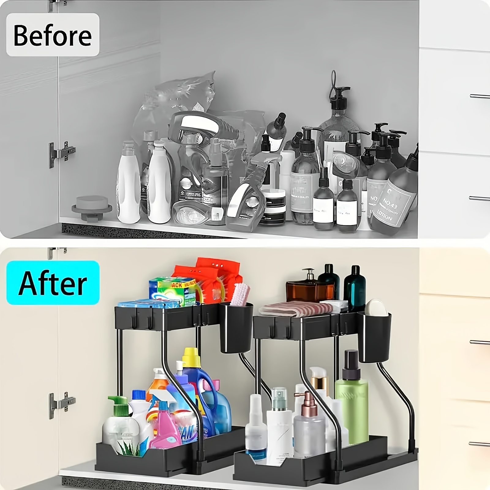 2-Pack Under Sink Organizer with Sliding Shelves, Black and White Plastic Storage Baskets for Bathroom and Kitchen Cabinets
