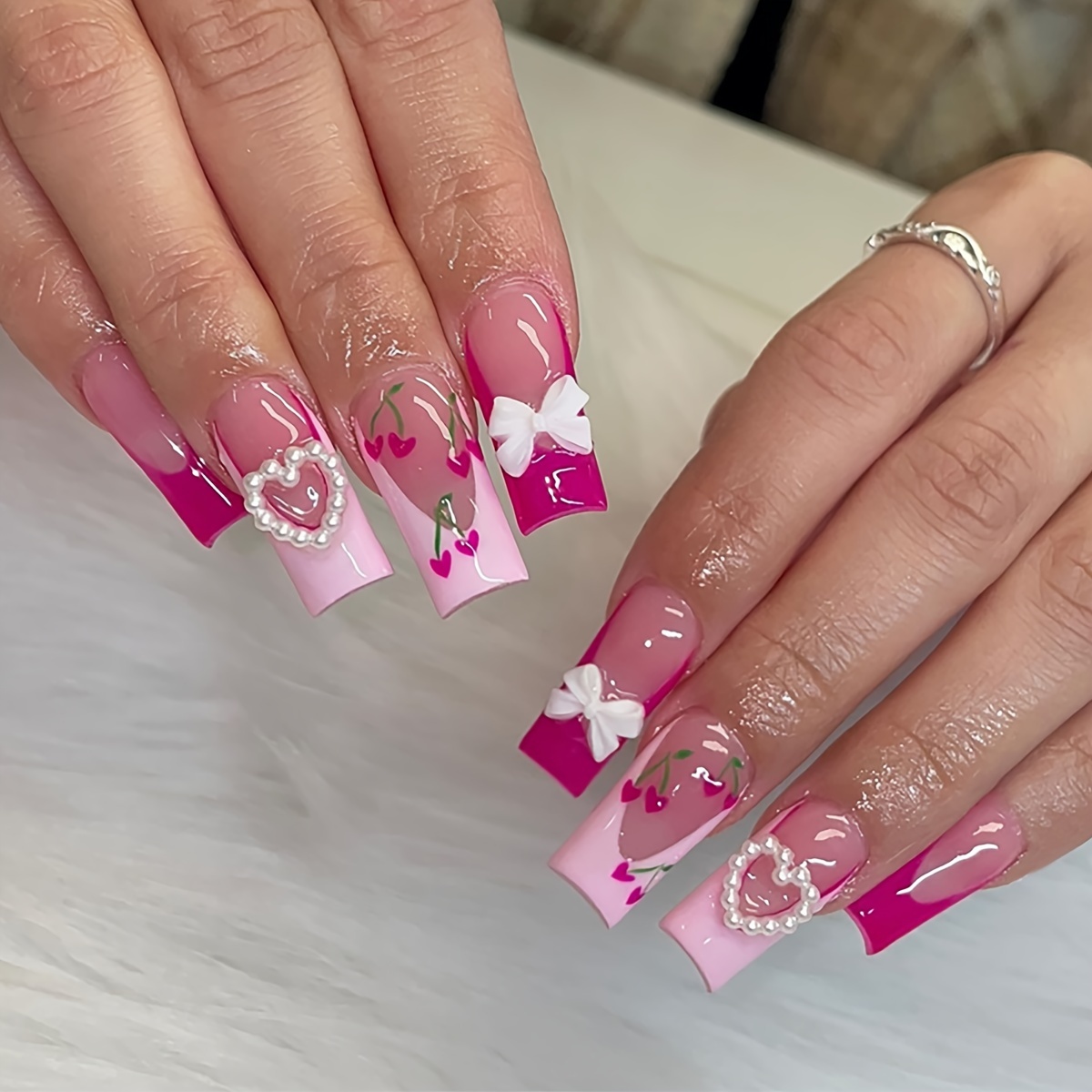 

24pcs Long Square Glossy Press-on Nails With Pink French Tips, 3d Pearl Hearts & Cherry Design - Acrylic False Nails Set For Women And Girls